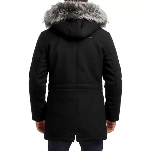 Trois quart mouton retourné noir façon daim velours et cuir avec capuche amovible bords renards modèle Kome