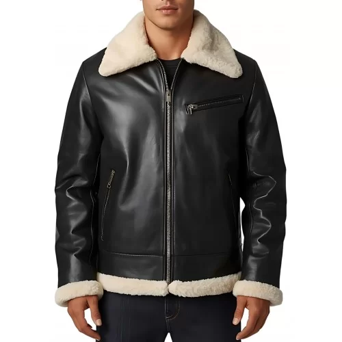 Blouson en mouton retourné extèrieur mouton huilé aspect cuir noir modèle Mariola