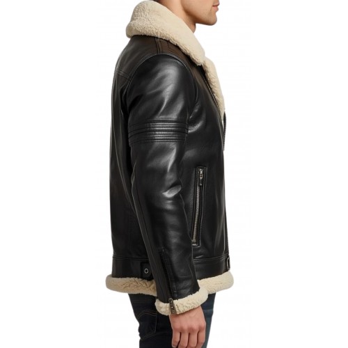 Blouson en mouton retourné extèrieur mouton huilé aspect cuir noir mouton blanc modèle Malori