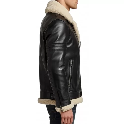 Blouson en mouton retourné extèrieur mouton huilé aspect cuir noir mouton blanc modèle Malori