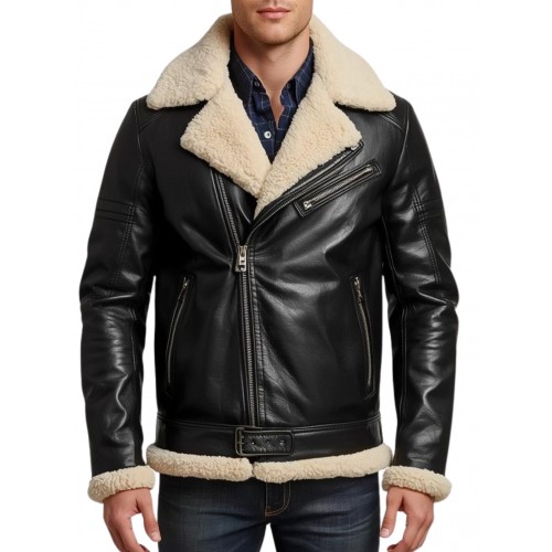 Blouson en mouton retourné extèrieur mouton huilé aspect cuir noir mouton blanc modèle Malori