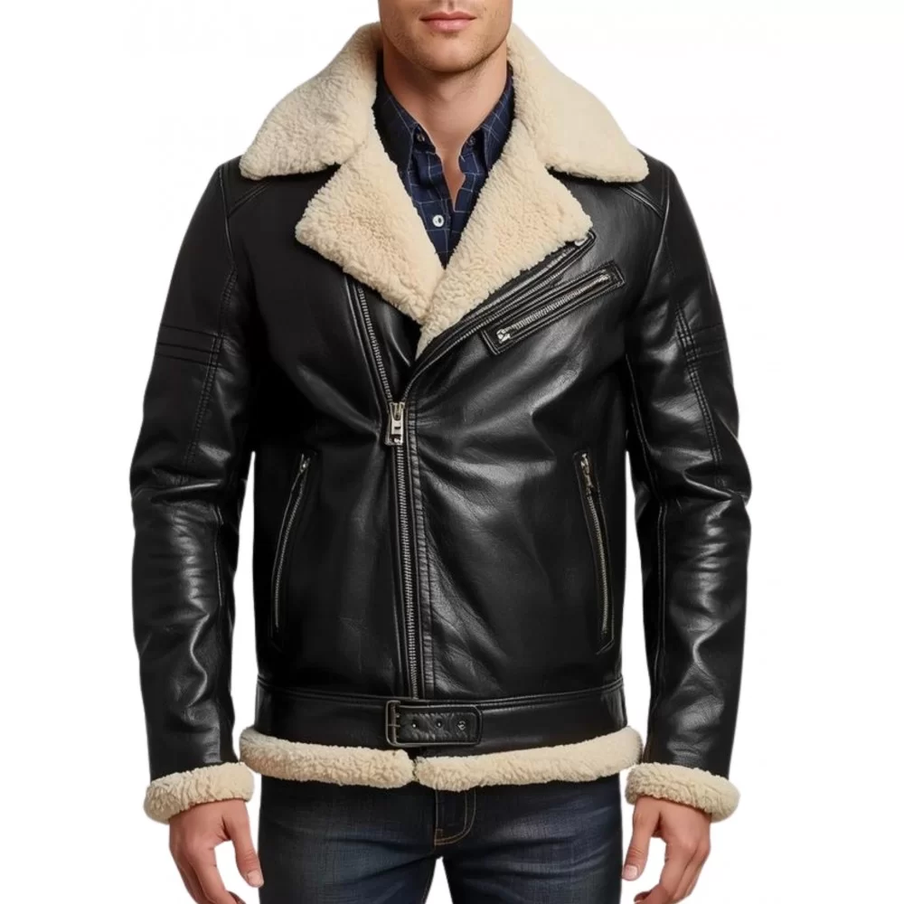 Blouson en mouton retourné extèrieur mouton huilé aspect cuir noir mouton blanc modèle Malori