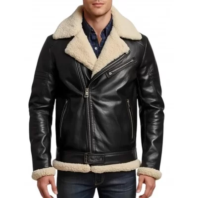 Blouson en mouton retourné extèrieur mouton huilé aspect cuir noir mouton blanc modèle Malori