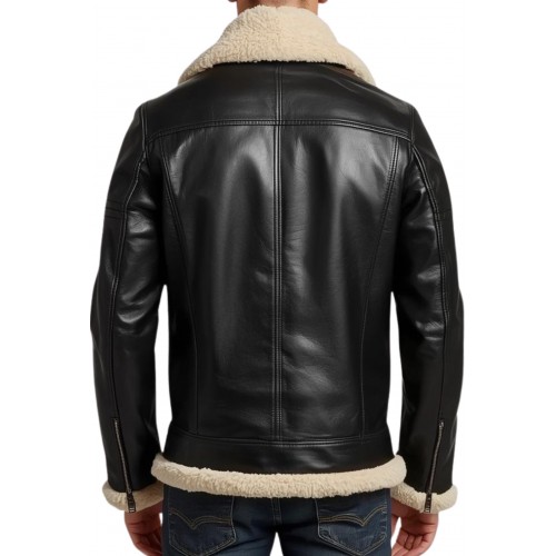Blouson en mouton retourné extèrieur mouton huilé aspect cuir noir mouton blanc modèle Malori