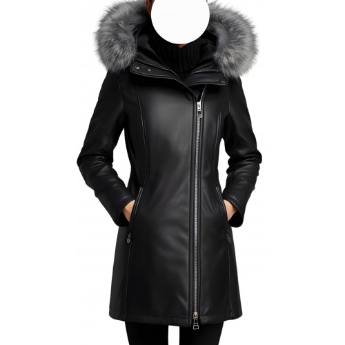 Manteau peau lainée mouton mérinos extèrieur aspect cuir huilé noir col renard argenté modèle Liliana