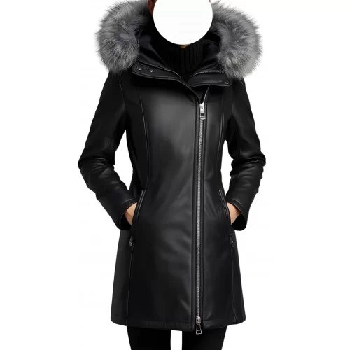 Manteau peau lainée mouton mérinos extèrieur aspect cuir huilé noir col renard argenté modèle Liliana