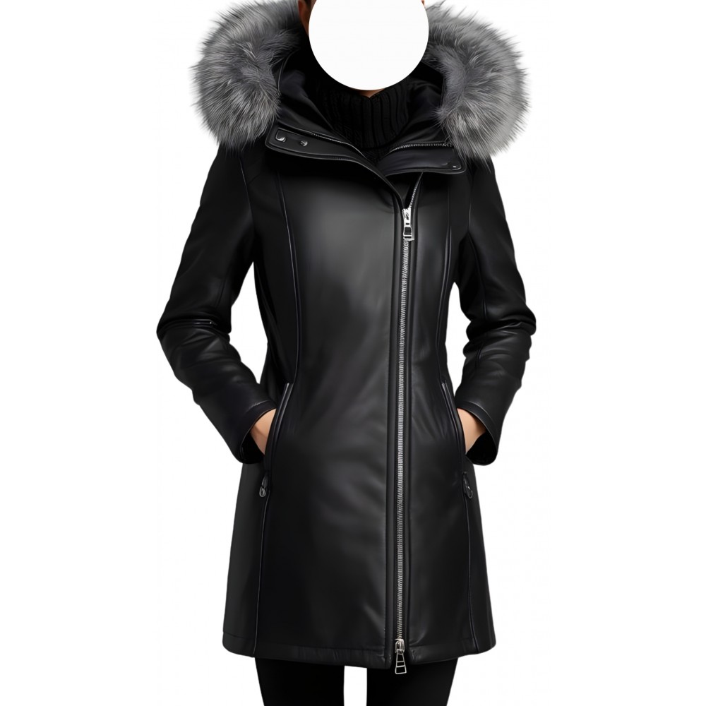 Manteau peau lainée mouton mérinos extèrieur aspect cuir huilé noir col renard argenté modèle Liliana
