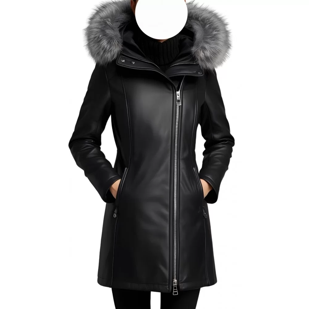 Manteau peau lainée mouton mérinos extèrieur aspect cuir huilé noir col renard argenté modèle Liliana