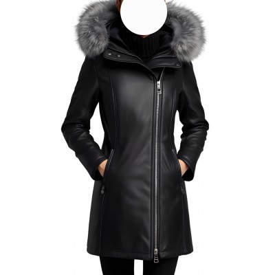 Manteau peau lainée mouton mérinos extèrieur aspect cuir huilé noir col renard argenté modèle Liliana