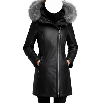 Manteau peau lainée mouton mérinos extèrieur aspect cuir huilé noir col renard argenté modèle Liliana