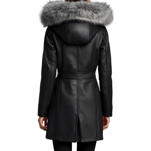 Manteau peau lainée mouton mérinos extèrieur aspect cuir huilé noir col renard argenté modèle Liliana