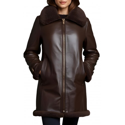 Veste trois quart femme en mouton retourné marron finition huilé poils courts à l'intèrieur modèle Lassy