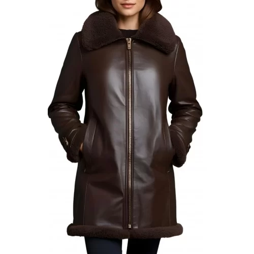 Veste trois quart femme en mouton retourné marron finition huilé poils courts à l'intèrieur modèle Lassy