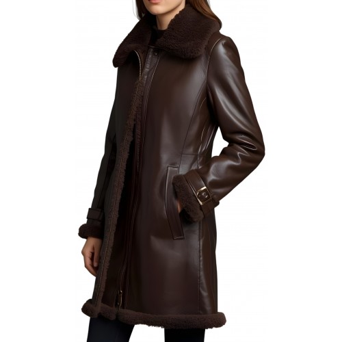 Veste trois quart femme en mouton retourné marron finition huilé poils courts à l'intèrieur modèle Lassy