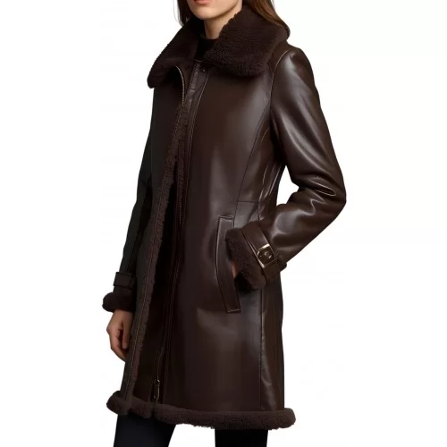 Veste trois quart femme en mouton retourné marron finition huilé poils courts à l'intèrieur modèle Lassy