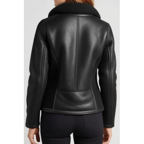 Blouson femme style perfecto en mouton retourné noir extèrieur façon cuir huilé noir modèle Arteamis