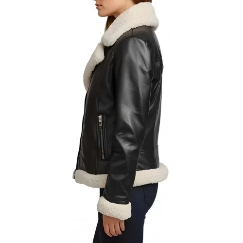 Blouson femme style perfecto en mouton retourné noir façon cuir huilé intèrieur mouton lainée blanc modèle Béatrice