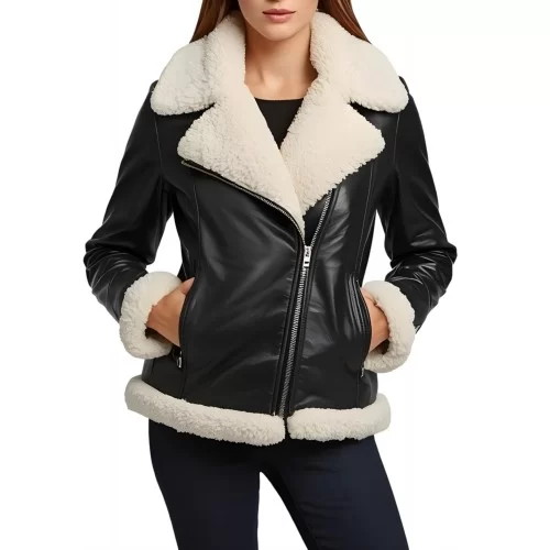 Blouson femme style perfecto en mouton retourné noir façon cuir huilé intèrieur mouton lainée blanc modèle Béatrice