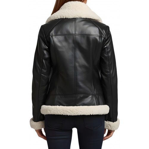 Blouson femme style perfecto en mouton retourné noir façon cuir huilé intèrieur mouton lainée blanc modèle Béatrice