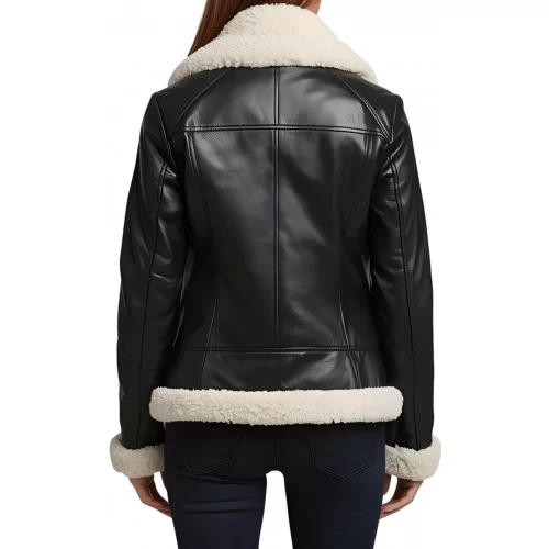 Blouson femme style perfecto en mouton retourné noir façon cuir huilé intèrieur mouton lainée blanc modèle Béatrice