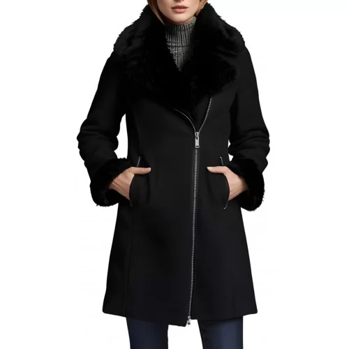 Trois quart femme en mouton retourné noir fermeture par zip modèle Verrane