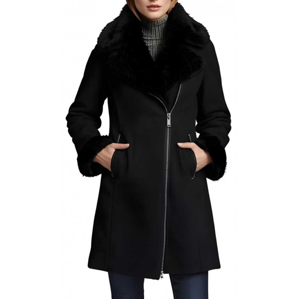 Trois quart femme en mouton retourné noir fermeture par zip modèle Verrane