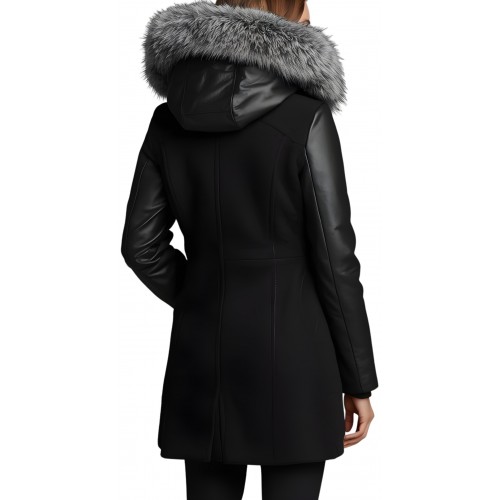 Trois quart femme en mouton retourné noir col renard argenté coupe légèrement croisée modèle Zerla