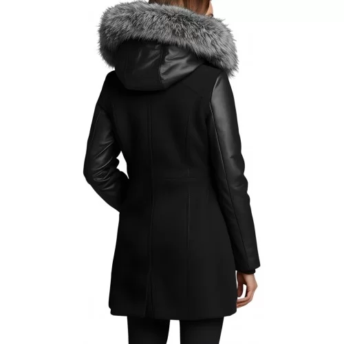 Trois quart femme en mouton retourné noir col renard argenté coupe légèrement croisée modèle Zerla