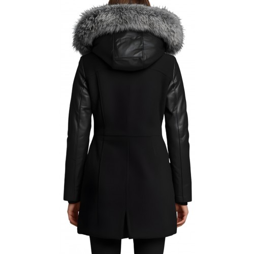 Trois quart femme en mouton retourné noir col renard argenté coupe légèrement croisée modèle Zerla