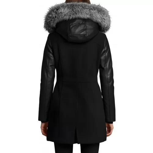 Trois quart femme en mouton retourné noir col renard argenté coupe légèrement croisée modèle Zerla