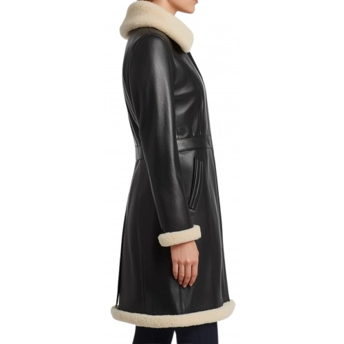 Trois quart femme en mouton retourné noir façon cuir huilé intèrieur mouton lainée blanc modèle Kana