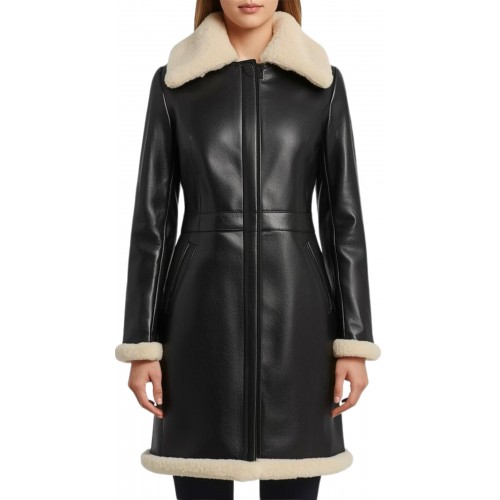 Trois quart femme en mouton retourné noir façon cuir huilé intèrieur mouton lainée blanc modèle Kana