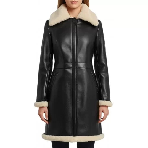 Trois quart femme en mouton retourné noir façon cuir huilé intèrieur mouton lainée blanc modèle Kana