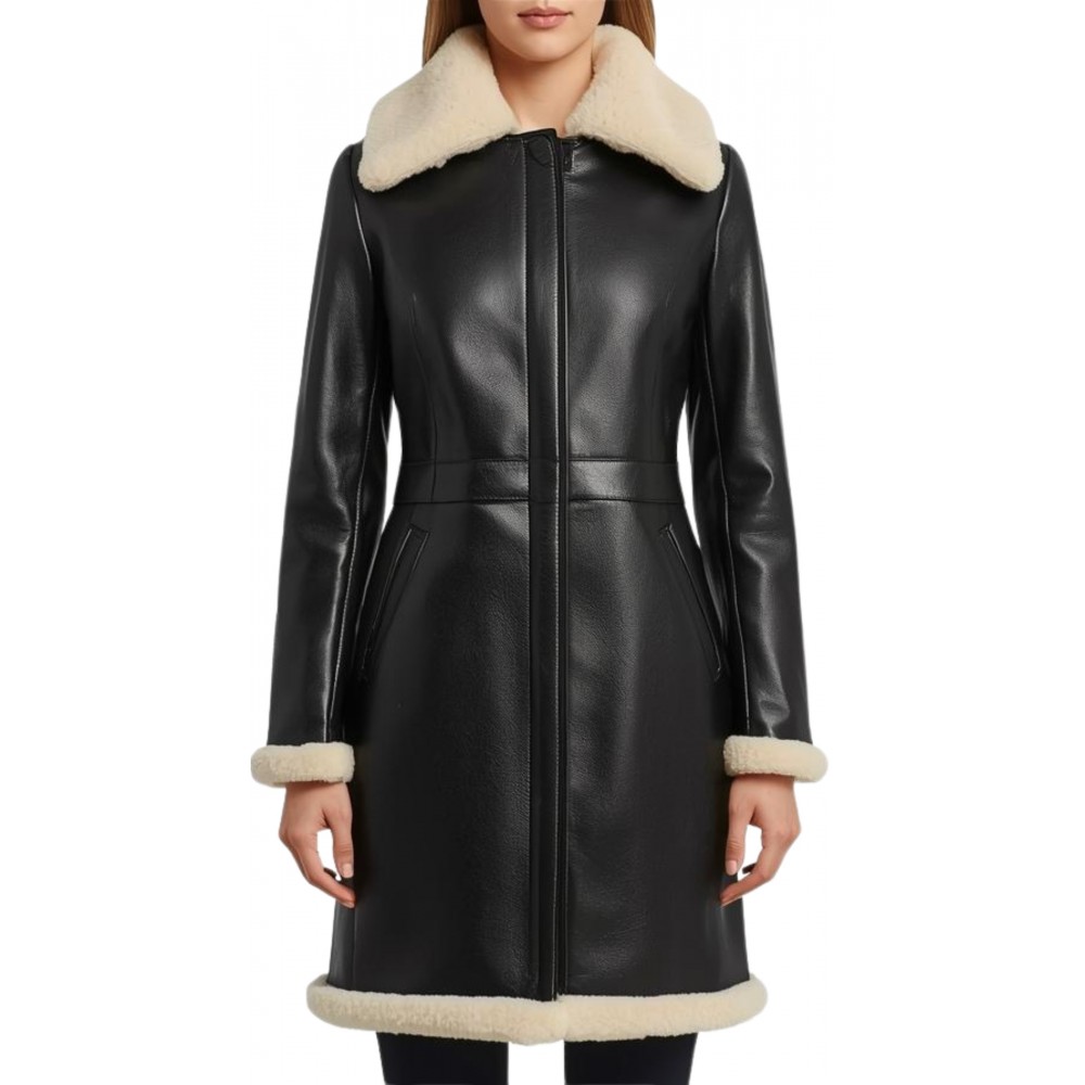 Trois quart femme en mouton retourné noir façon cuir huilé intèrieur mouton lainée blanc modèle Kana