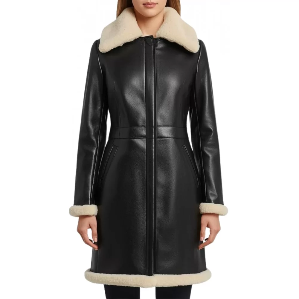 Trois quart femme en mouton retourné noir façon cuir huilé intèrieur mouton lainée blanc modèle Kana