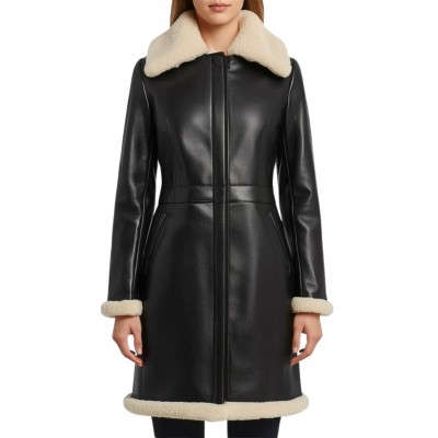 Trois quart femme en mouton retourné noir façon cuir huilé intèrieur mouton lainée blanc modèle Kana