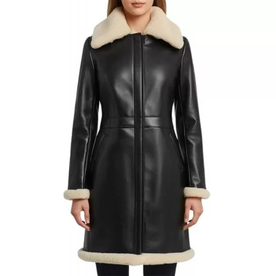 Trois quart femme en mouton retourné noir façon cuir huilé intèrieur mouton lainée blanc modèle Kana