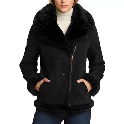 Blouson femme style perfecto en mouton retourné façon peau velours suède fermeture éclair sur côté modèle Diname