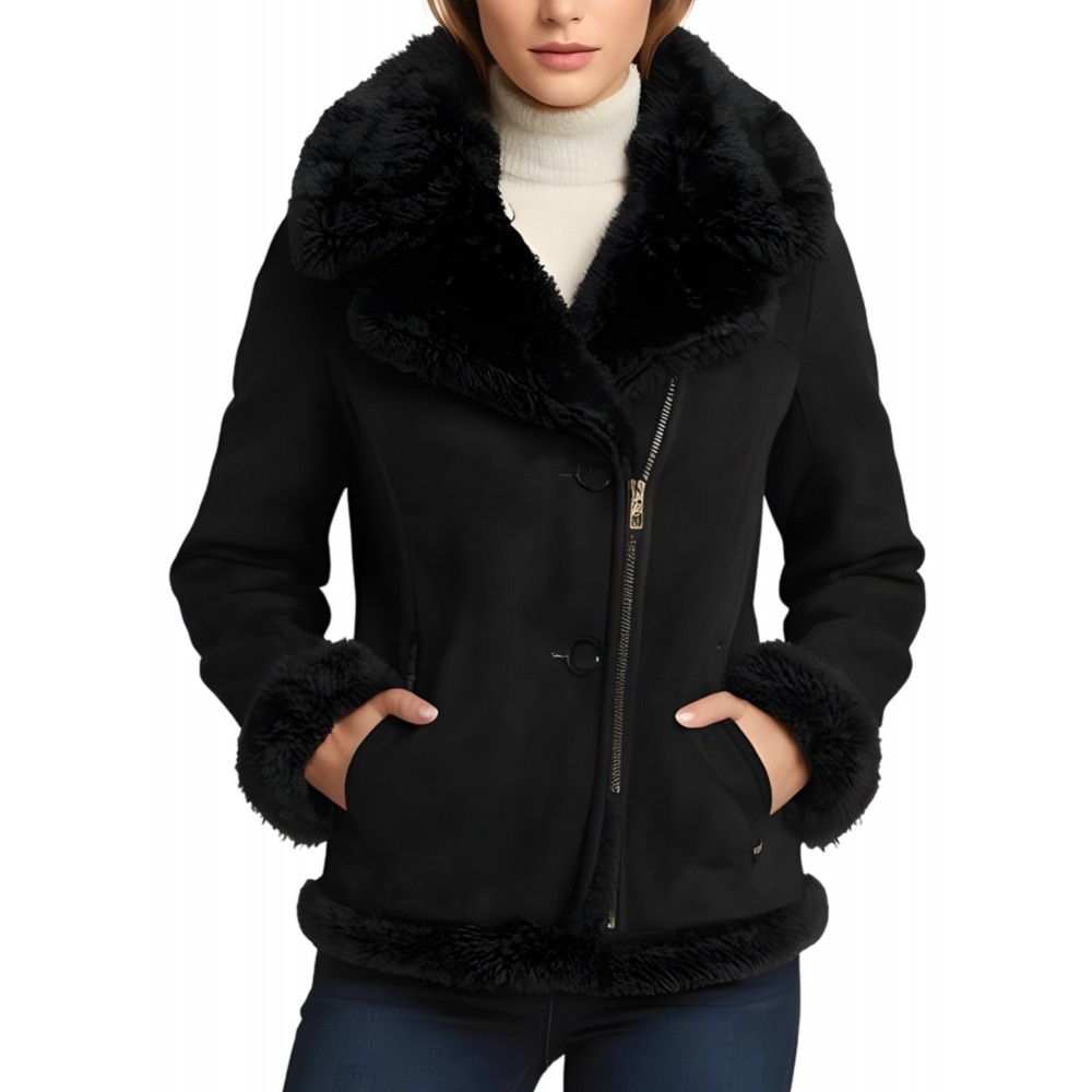 Blouson femme style perfecto en mouton retourné façon peau velours suède fermeture éclair sur côté modèle Diname