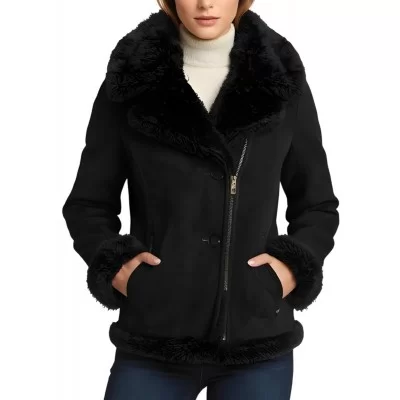 Blouson femme style perfecto en mouton retourné façon peau velours suède fermeture éclair sur côté modèle Diname