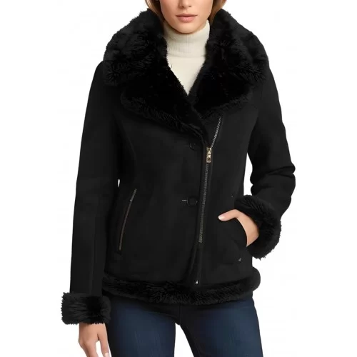 Blouson femme style perfecto en mouton retourné façon peau velours suède fermeture éclair sur côté modèle Diname