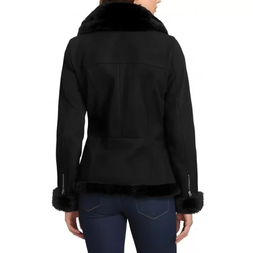 Blouson femme style perfecto en mouton retourné façon peau velours suède fermeture éclair sur côté modèle Diname