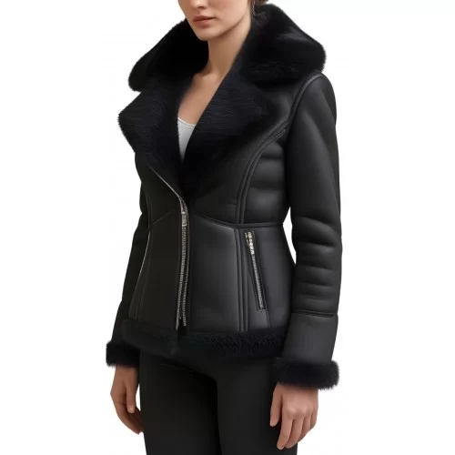 Blouson femme type perfecto en mouton retourné façon peau velours noir fermeture éclair modèle Ambre