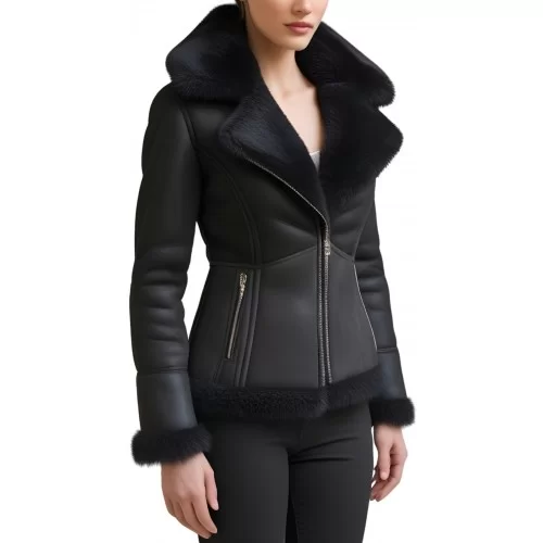Blouson femme type perfecto en mouton retourné façon peau velours noir fermeture éclair modèle Ambre