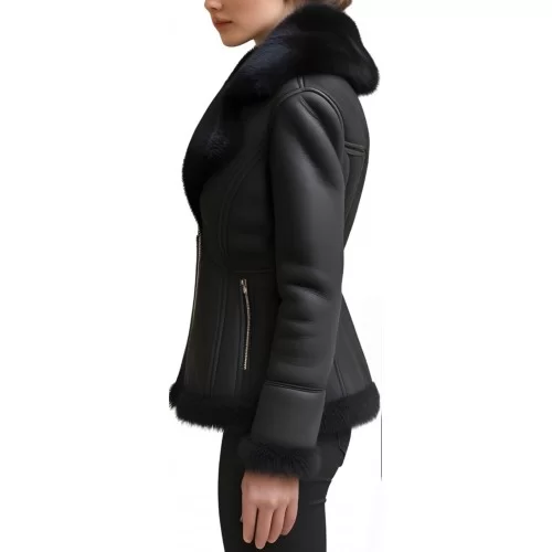Blouson femme type perfecto en mouton retourné façon peau velours noir fermeture éclair modèle Ambre