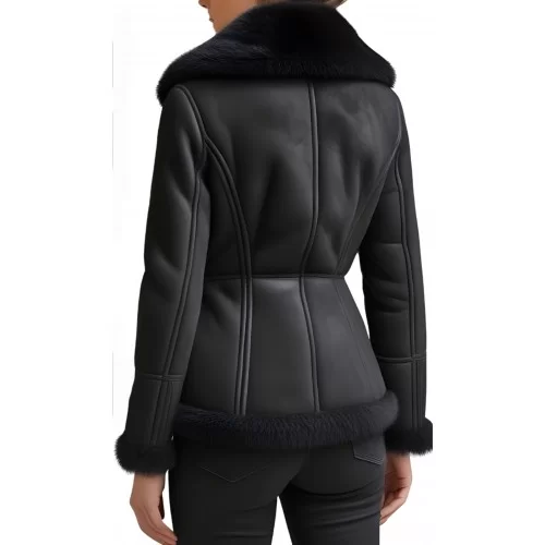 Blouson femme type perfecto en mouton retourné façon peau velours noir fermeture éclair modèle Ambre