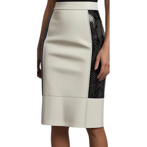 Jupe mi longue en cuir d'agneau blanc et agneau impression crocodile sur côtés modèle Brigana Jupe mi longue en cuir d'agneau blanc et agneau impression crocodile sur côtés modèle Brigana