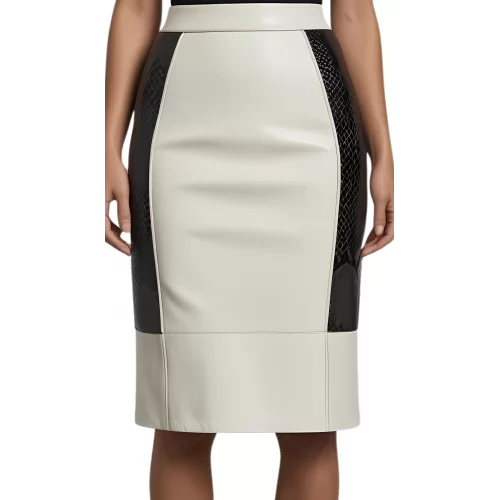 Jupe mi longue en cuir d'agneau blanc et agneau impression crocodile sur côtés modèle Brigana