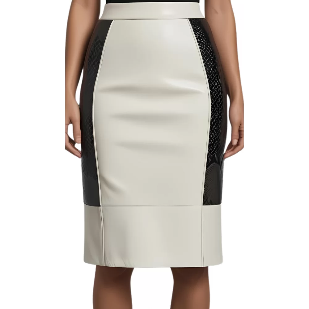 Jupe mi longue en cuir d'agneau blanc et agneau impression crocodile sur côtés modèle Brigana Jupe mi longue en cuir d'agneau blanc et agneau impression crocodile sur côtés modèle Brigana