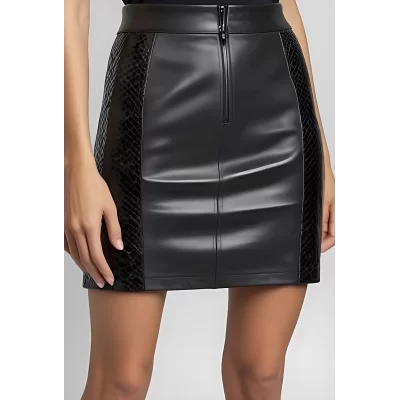Jupe mi longue en cuir d'agneau noir et cuir d'agneau imprimé crocodile modèle Juliette